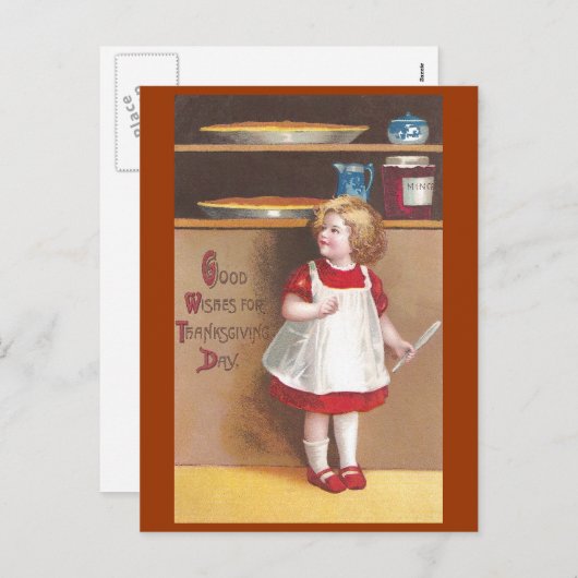 女の子およびパンプキンパイのヴィンテージの感謝祭 シーズンポストカード (正面/裏面)