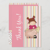 女の子およびブタの平らなサンキューカード サンキューカード (正面/裏面)