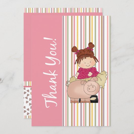 女の子およびブタの平らなサンキューカード サンキューカード (正面/裏面)