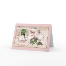 女の子およびペットブタのヴィンテージのクリスマス