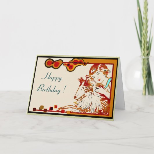 女の子および彼女のシェットランド・シープドッグのバースデー・カード カード (正面)