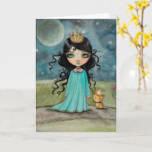 女の子および彼女の猫の小さいプリンセスの大きい目の芸術 カード (黄色い花)