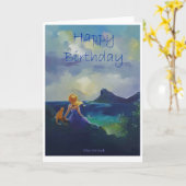 女の子および猫のバースデー・カードのデザイン カード (黄色い花)