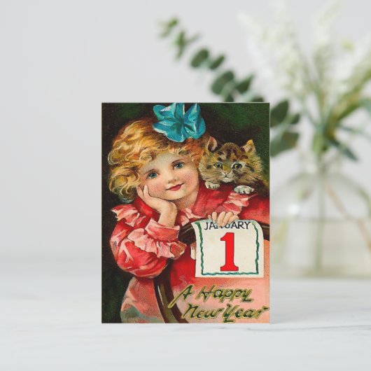 女の子および猫-新年の挨拶の郵便はがき シーズンポストカード (スタンド正面)