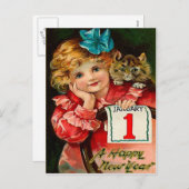 女の子および猫-新年の挨拶の郵便はがき シーズンポストカード (正面/裏面)