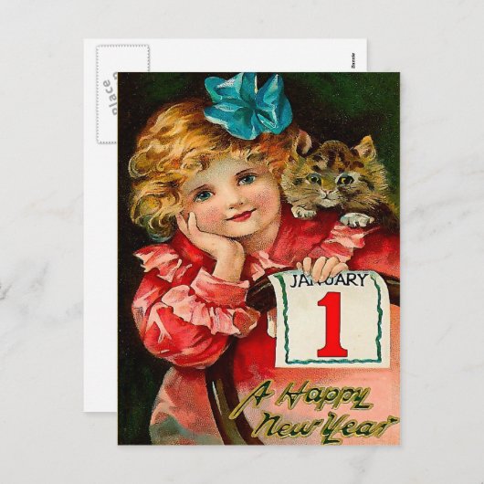 女の子および猫-新年の挨拶の郵便はがき シーズンポストカード (正面/裏面)