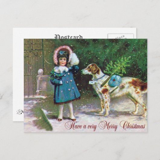 女の子および英国セッターとのメリークリスマス シーズンポストカード (正面/裏面)