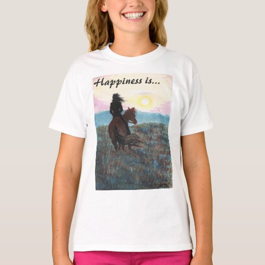 女の子および馬"幸福"は女性Tシャツです Tシャツ (正面)