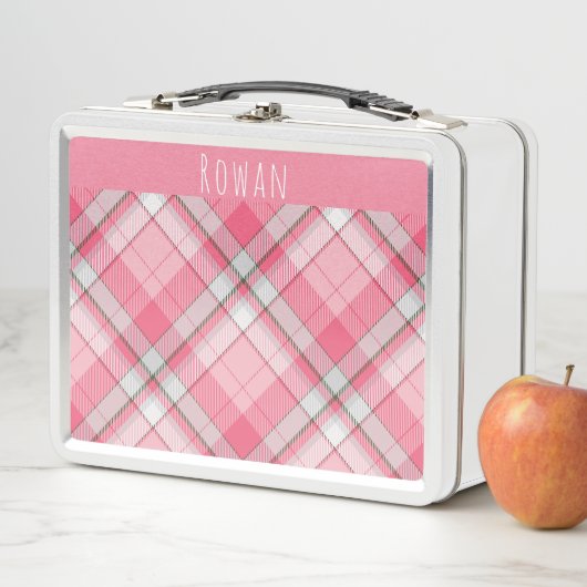女の子お洒落ピンクと白の格子模様の子供 メタルランチボックス (インサイチュ)