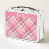 女の子お洒落ピンクと白の格子模様の子供 メタルランチボックス (正面)