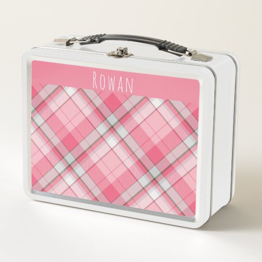 女の子お洒落ピンクと白の格子模様の子供 メタルランチボックス (正面)