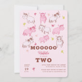 女の子かわいいおもしろい牛ピンクの漫画第2誕生日 招待状 (正面)