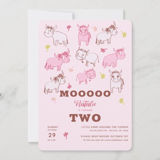 女の子かわいいおもしろい牛ピンクの漫画第2誕生日 招待状 (正面)