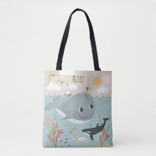 女の子かわいいお洒落と海クジラ トートバッグ