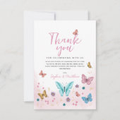 女の子かわいいお洒落ピンクの蝶m赤ちゃんシャワー サンキューカード (正面)
