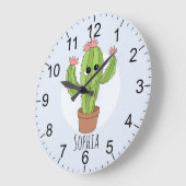 女の子かわいいかわいいサボテン植物と名前キッズ ラージ壁時計 (傾斜)