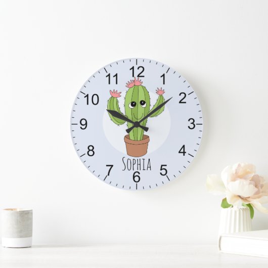 女の子かわいいかわいいサボテン植物と名前キッズ ラージ壁時計 (ホーム)