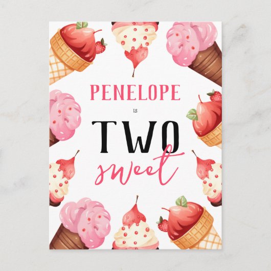 女の子かわいいアイスクリーム2nd誕生日パーティー インビテーションポストカード (正面)