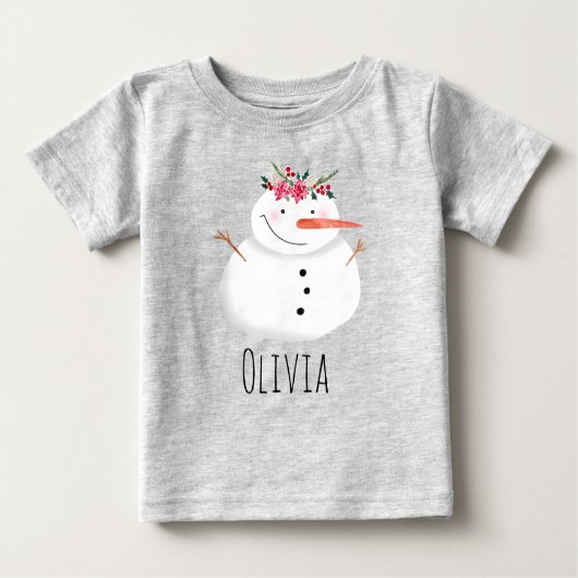 女の子かわいいクリスマスフラワー雪だるまと名前 ベビーTシャツ (正面)