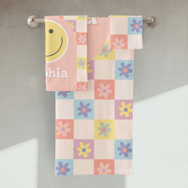 女の子かわいいグルービーピンクレトロ70sキッズモノグラム バスタオルセット