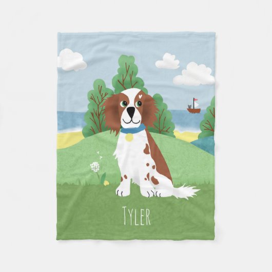 女の子かわいいスプリンガーのスパニエル犬犬とネームキッズ フリースブランケット (正面)