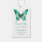 女の子かわいいティール（緑がかった色）グリーンバタフライ1st誕生日パーティー ギフトタグ (正面)