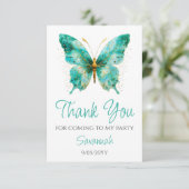 女の子かわいいティール（緑がかった色）グリーンバタフライ1st誕生日パーティー サンキューカード (スタンド正面)