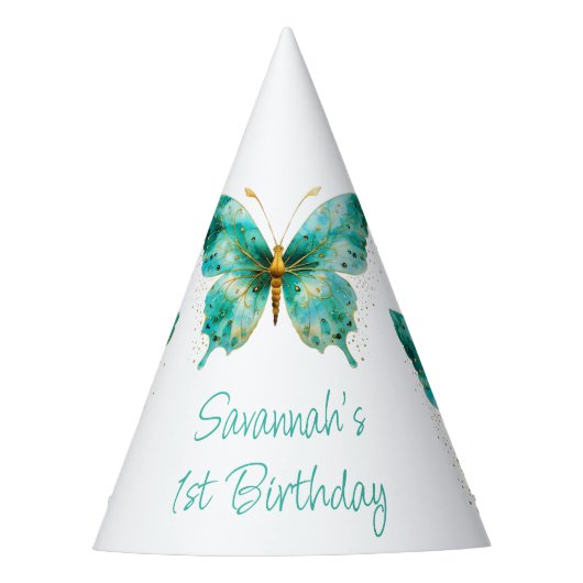 女の子かわいいティール（緑がかった色）グリーンバタフライ1st誕生日 パーティーハット (正面)