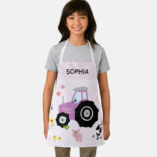 女の子かわいいパープルファーム動物トラクター&ネームキッズ エプロン (インサイチュ)