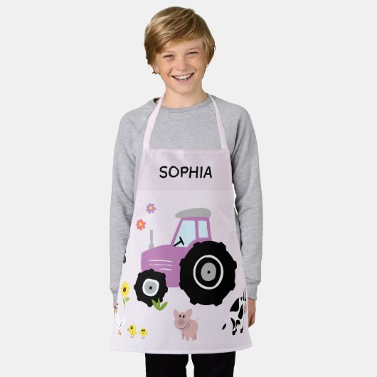 女の子かわいいパープルファーム動物トラクター&ネームキッズ エプロン (着用した状態)