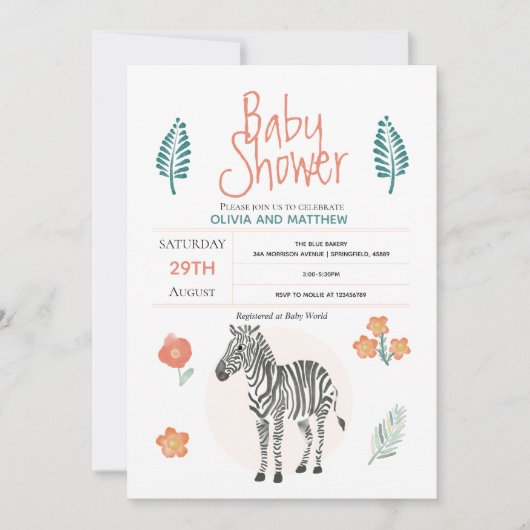 女の子かわいいピンクのゼブラサファリジャングルベビーシャワー 招待状 (正面)