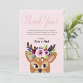 女の子かわいいピンクのフローラウッドランドディアベビーシャワー サンキューカード (スタンド正面)