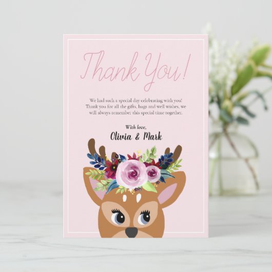 女の子かわいいピンクのフローラウッドランドディアベビーシャワー サンキューカード (スタンド正面)