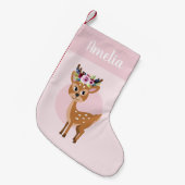 女の子かわいいピンクのフローラ鹿&ネームキッズ スモールクリスマスストッキング (正面 (吊り時))