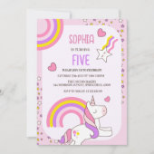 女の子かわいいピンクのユニコーンキッズ5誕生日 招待状 (正面)