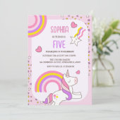 女の子かわいいピンクのユニコーンキッズ5誕生日 招待状 (スタンド正面)