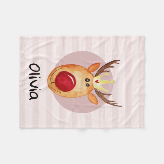 女の子かわいいピンクのルドルフのトナカイのクリスマスキッズ フリースブランケット (正面(横))