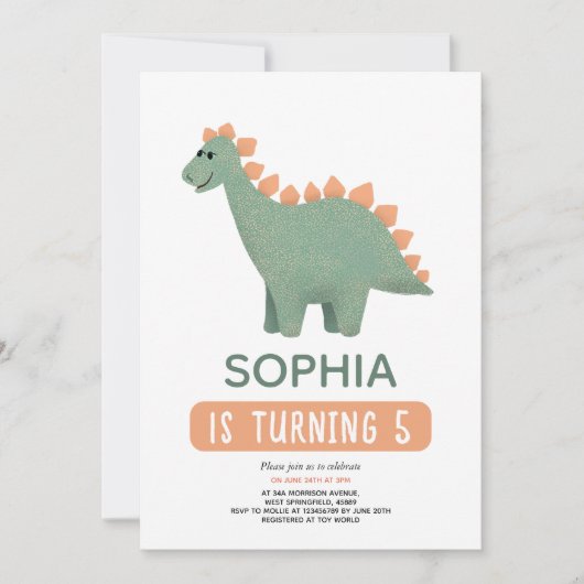女の子かわいいピンクの恐竜の花子供の誕生日 招待状 (正面)