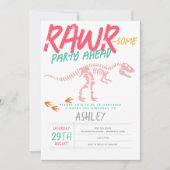 女の子かわいいピンクの恐竜ディグ化石子供の誕生日 招待状 (正面)