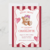 女の子かわいいピンクの水色クマベビー1st誕生日 招待状 (正面)