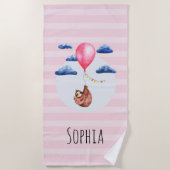 女の子かわいいピンクの水色ナマケモノの子供たち ビーチタオル (正面)