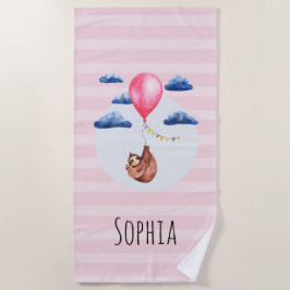 女の子かわいいピンクの水色ナマケモノの子供たち ビーチタオル