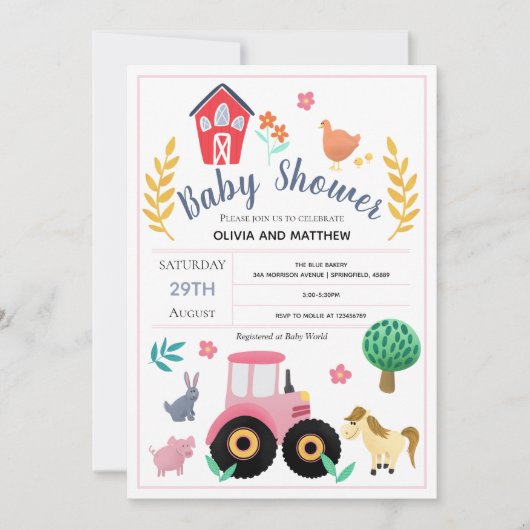 女の子かわいいピンクの素朴ファームトラクターベビーシャワー 招待状 (正面)
