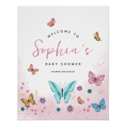 女の子かわいいピンクの蝶の赤ちゃんシャワー歓迎サイン ポスター (正面)