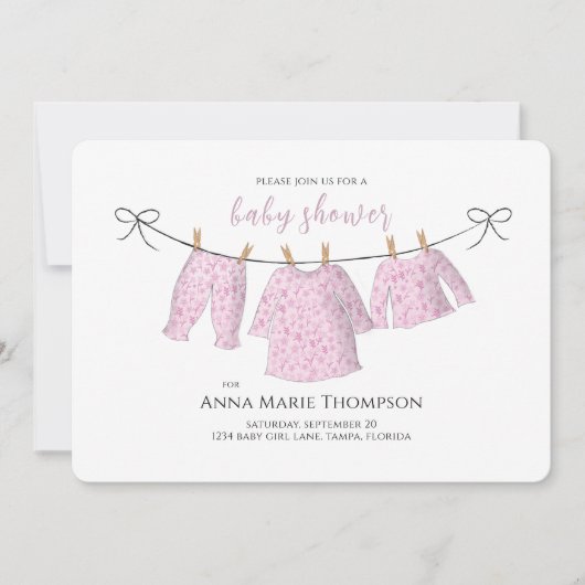 女の子かわいいピンクの赤ちゃんシャワーQRコードソーシャルメディア 招待状 (正面)