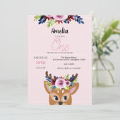女の子かわいいピンクの鹿フローラ1st誕生日の花 招待状 (スタンド正面)