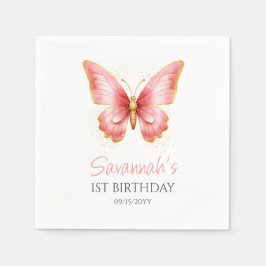 女の子かわいいピンクバタフライ1st誕生日パーティー スタンダードカクテルナプキン