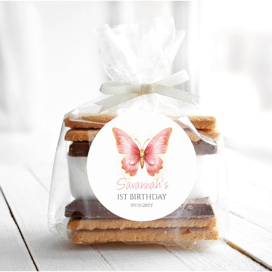女の子かわいいピンクバタフライ1st誕生日パーティー ラウンドシール