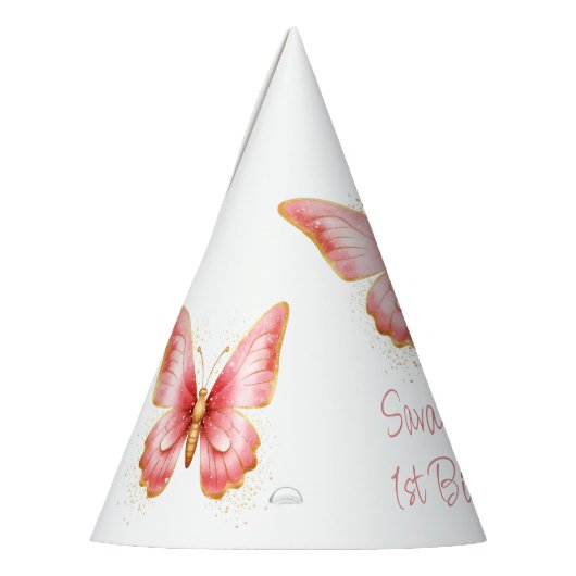 女の子かわいいピンクバタフライ1st誕生日 パーティーハット (左)