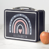 女の子かわいいピンクボホレインボーキッズパーソナライズされた メタルランチボックス (インサイチュ)